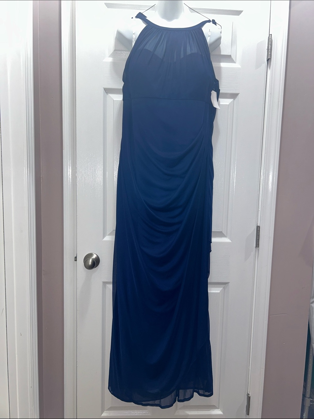 Women's Navy Halter Maxi Dress with Gathered Bodice
